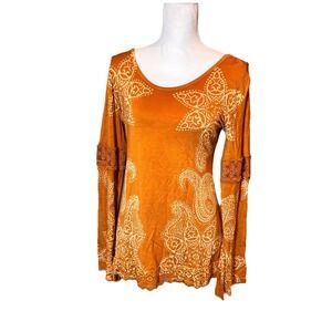 Indigo Thread Co Boho Paisley Tunic Top Womens Small Bell Sleeve Crochet Trim